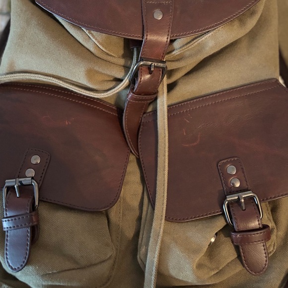 Canvas Leather‎ Trim Flap Top Drawstring Backpack Khaki Brown Vtg Style School - Picture 4 of 4